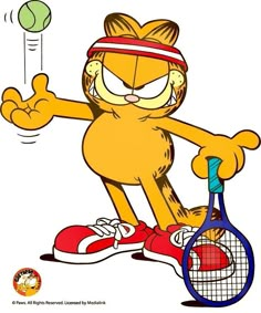 garfield the cat is playing tennis with a ball and racket in his hand as if he's ready to hit it