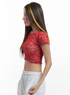 Product Detail Style : Street Occasion : Festival Type : TShirts Print : Lettering Material : Polyester, Spandex Sleeve : Short sleeve Neck : Round neck Length : Crop Fit : Slim fit Polyester 95 Spandex 5 Color : Red, Black Made in Korea Model Size Model is wearing size S/M and the color Red. Height : 5'5" | 166cm / Top : S / Bottom : S (25 inch) .prddescription table, .prddescription td, .prddescription th { border : 1px solid black; border-collapse : collapse; padding: 10px; } Size(Inch) Size Fitted Printed Crew Neck Top, Printed Stretch Short Sleeve T-shirt, Red High Stretch Elastane Top, Fitted Summer Tops With Text Print, Trendy Stretch Printed T-shirt, Text Print Stretch Crop Top, Trendy High Stretch Tops With Letter Print, Stretch Text Print Crop Top, Y2k Fitted Printed Tops