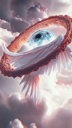 an eyeball floating in the sky with clouds around it and a bird's wing