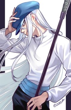 an anime character with long white hair holding a broom and wearing a blue beret