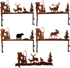 four metal shelves with deer and antelope silhouettes on them, one is holding a fishing rod