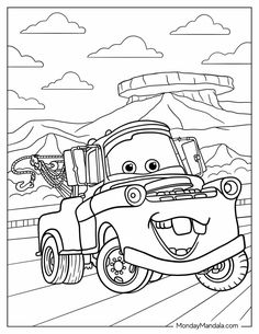 cars coloring pages to print and color for kids, including the mater matere from disney pixama