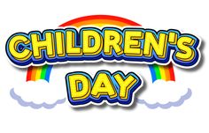 the children's day logo with rainbows and clouds in blue, yellow and green