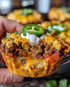 a hand holding a piece of food with cheese and other toppings on the top