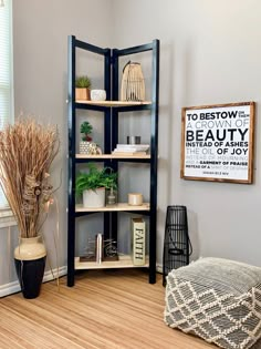 a living room with a book shelf, plant and decorative items on the floor in front of a window