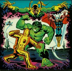 Hulk Calendar-March 1979- Sal Buscema, Dan Adkins. Hulk, Thor, Loki, Iron-Man. Inspired by Avengers#1