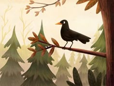 a painting of a black bird sitting on a branch in the middle of a forest