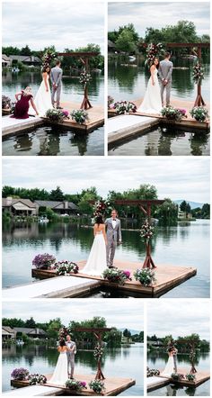 a bride and groom standing on a dock in front of the water at their wedding