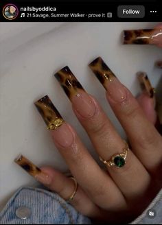 Tortoiseshell Nails With Gold, Tortoiseshell Nails French Tip, Burgundy And Cheetah Nails, Brown Animal Print Nails, November Nail Ideas Square, Fall Tortoise Nails, Lepord Print Nails Design, Brown Croc Nails, French Tip Nails Inspiration