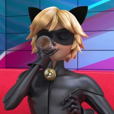 an animated cat woman with black cats on her face and nose, holding a magnifying glass in front of her face