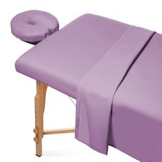 Sized to fit almost all massage tables with rounded or square corners. The elastic bound fitted sheet slips on easily, stays in place and easily accommodates use with a bolster. The oversized fitted sheet provides maximum table coverage and a clean style. Elasticized headrest cover fits most standard massage table crescent shaped face cradle pillows. Color: Purple.  Pattern: solid. Facial Bed, Massage Tables, Professional Massage, Massage Table, Cover Blue, Beauty Equipment, Cover Gray, Fitted Sheets, Bed Cover