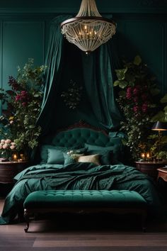 Immerse yourself in the enchanting allure of this dark green moody romantic lavish master bedroom. The deep emerald hues envelop the room, evoking a sense of intimacy and grandeur. Elegantly adorned with opulent gold accents, a sumptuous bed, and rich textures, this bedroom is the epitome of luxury. The soft ambient lighting sets the mood for romance, while the sophisticated furnishings and décor create a regal retreat that is perfect for getting lost in your dreams. Emerald Bedroom, Emerald Green Bedrooms, Dark Green Rooms, Simple Bed Designs, Double Bed Designs, Bed Interior, Halloween Bedroom, Feminine Bedroom, Moody Bedroom