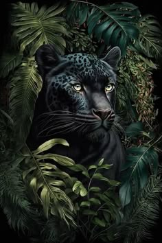 a painting of a black leopard surrounded by green plants and leaves on a black background