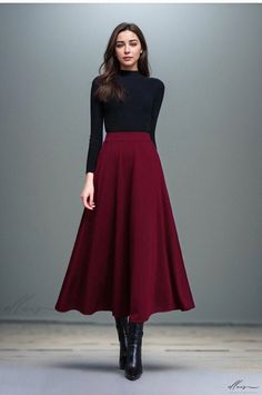 Elluis - Elegant High-waisted A-line Skirt Featuring Elastic Waistband, Ideal for Square Dancing and Versatile Casual Attire Square Dancing, Dress Sketches, Looks Chic, Style Mistakes, Classic Outfits, Casual Attire, Type A, Types Of Skirts, Wine Red