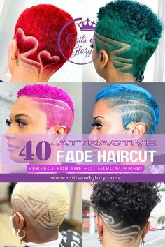 Low maintenance fade haircuts for black women! Women Fade Designs, Short Hair Designs For Black Women, Girl Fade Haircut Black Women, Black Women Haircuts Short Fade, Short Hairstyle Women Colored Hair, Fade Designs Women, Barber Haircuts For Women, Short Shaved Hairstyles For Black Women, Designs For Haircuts