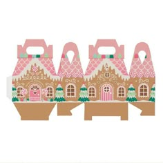 three gingerbread houses with pink roof and windows are shown in the shape of an ornament