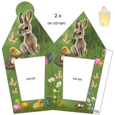 two cards with pictures of rabbits and chicks in the grass, one has a lantern