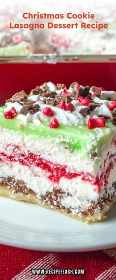 christmas cookie lasagna dessert recipe on a white plate with red and green trim