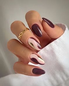 Navy Blue Nail Ideas, Blue Nail Ideas, Stained Nails, November Nail, Paznokcie Hello Kitty, Bow Nail Designs, Almond Gel Nails, Burgundy And Navy Blue