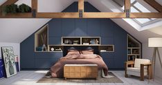 an attic bedroom with blue walls and white flooring, built in bookshelves