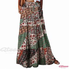 Qteee - One-Piece Floral Print Maxi Skirt with Ruffled Hem Printed Green Skirt For Vacation, Green Printed Skirt For Vacation, Spring Green Patchwork Maxi Skirt, Casual Printed Beach Skirt, Multicolor Non-stretch Maxi Skirt For Beach, Casual Printed Skirt For Beach, Casual Printed Skirt For The Beach, Casual Patterned Skirt, Casual Multicolor Printed Skirt