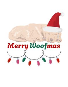 a dog wearing a santa hat sleeping on top of a string of lights with the words merry woomas above it