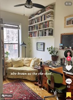 a living room filled with furniture and bookshelves next to a window covered in pictures