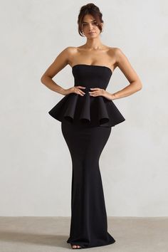 Louisiana | Black Bandeau Peplum Maxi Dress Peplum Formal Dress, Black Tie Wedding Guest Dress Women, Peplum Dress Formal, Formal Christmas Party Dress, Wedding Guest Black Dress, Stunning Wedding Guest Dresses, Classic Cocktail Dress, Peplum Gown, Pic Inspiration