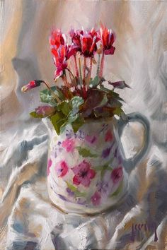 a painting of red flowers in a white vase