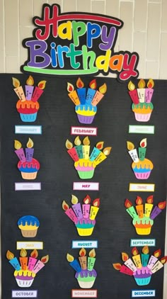 a birthday bulletin board with cupcakes on it