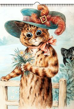 a painting of a cat wearing a hat and holding flowers