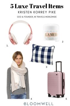 a woman with headphones, scarf and suitcase in front of the words 5 luxury travel items