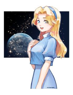 a cartoon girl with blonde hair and blue dress standing in front of a space background