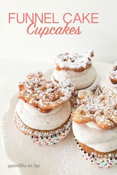 four funnel cake cupcakes on a white plate