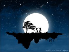 two people holding hands in front of a full moon with stars on the night sky