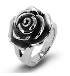 The stainless steel ring features an open blooming rose over a simple band. Antique detailing on the petals lends a touch of vintage charm to this fashionable cocktail ring. The size of the rose is 13/16 inches wide. | Stainless Steel Blooming Antiqued Rose Ring - Size 11 | 1-800-Flowers Everyday Gift Delivery Stainless Steel Blooming Antiqued Rose Ring - Size 11 Emo Rings, Emo Jewelry, Gold Stacking Rings Wedding, Coastal Jewelry, Silver Rose Ring, Flower Rings, Edgy Jewelry, Simple Band, Swirl Ring