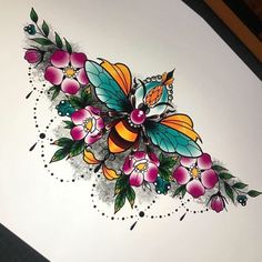 an artistically designed piece of paper with flowers and butterflies on the top of it