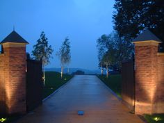 an open gate leading into a park with trees in the background at night, and lights on either side