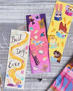 three children's bookmarks with the words best day ever on them