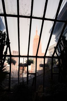 the view from inside an old building looking out at a tall building in the distance