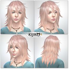 four different views of a woman's face with pink hair and necklaces on