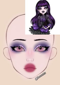 Halloween Monster High Makeup, Purple Cosplay Makeup, Frankie Makeup Monster High, Elissabat Outfit Inspiration, Black Haired Costumes, Elissabat Inspired Outfit, Elissabat Hair, Draculaura Makeup Inspiration