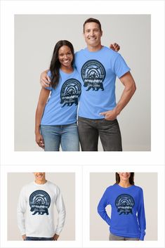 two people standing next to each other in front of three different t - shirt designs