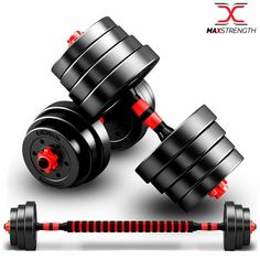 two black dumbbells with red grips on each side and the words 10 / 15 / 20 / 30kg above them