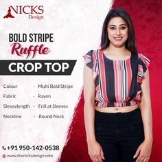 Shop the latest collection of crop tops for ladies & girls with a variety of trendy colors, sizes, and fabrics online at Nicks Design. We give amazing deals on tops so don't forget to add them in your cart. Buy Now from Below Link: https://bit.ly/3uMIcLc #croptop #fashion #ootd #croptops #style #dress #top #TrendyTops #onlineshopping #dressesforgirls #WomensWear #newcollection #designerstudio Tops For Ladies, Ruffle Crop Top, Bold Stripes, Dress Top, Striped Fabrics