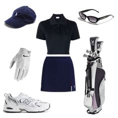 a women's golf outfit with accessories including a hat, glove and bag