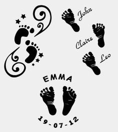 four baby footprints with stars and swirls in black ink, on a white background