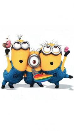 two minion characters standing next to each other with their arms in the air and one holding