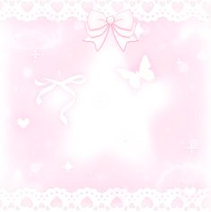 a pink and white background with hearts, bows and butterflies on the border in the center