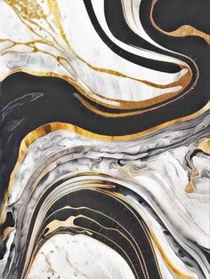 an abstract painting with black, gold and white colors